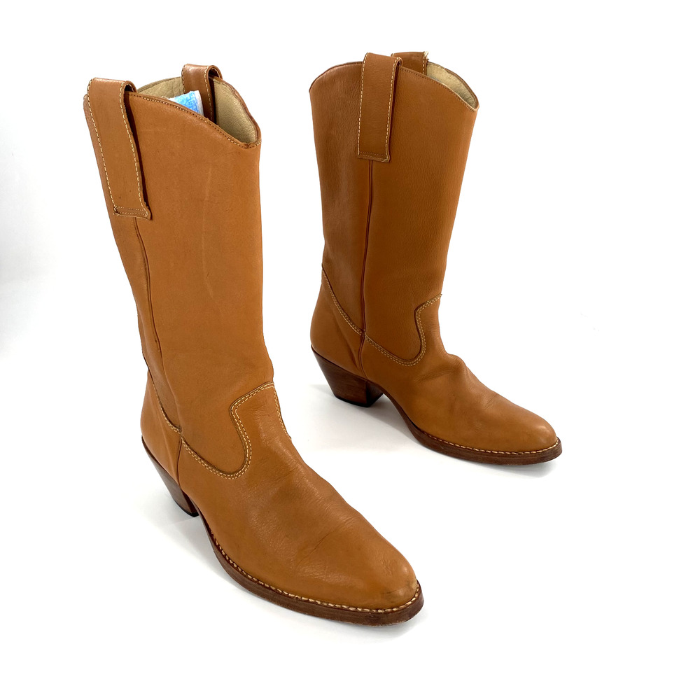 VTG Bloomingdales Cowboy Western Boots Pull On Brown Leather Pointed Toe M8/W9.5